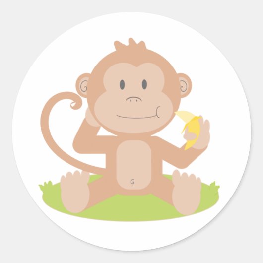 Sticker Rond Caricature mignonne Singe assis et manger Banane (Devant)