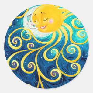 Sticker Rond caricature soleil et lune amour paix