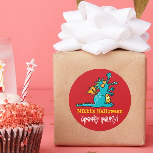 Sticker Rond Caricature Turquoise Green Magic Dragon Halloween  (Fête)