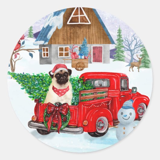 Sticker Rond Carlin Chien dans la livraison de Noël Camion neig (Devant)