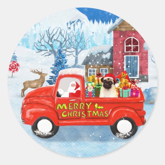 Sticker Rond Carlin Chien Livraison de Noël Camion Neige (Devant)