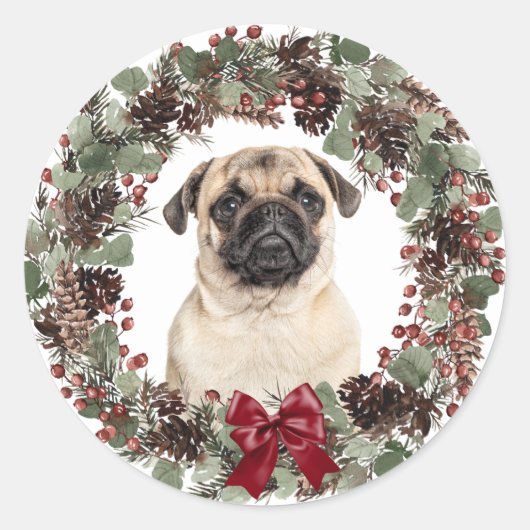 Sticker Rond Carlin Chien Rouge Bow Pinecone Wreath Noël (Devant)