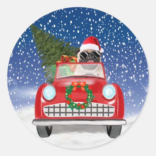 Sticker Rond Carlin Chien Voiture De Conduite En Neige Noël (Devant)