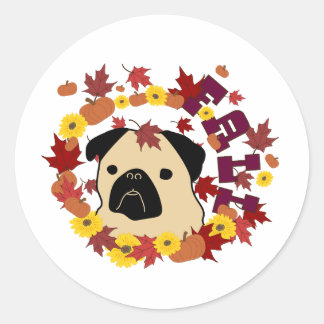 Sticker Rond Carlin d'automne avec Feuilles, Citrouilles et tou