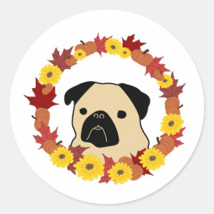 Sticker Rond Carlin d'automne avec Feuilles, Citrouilles et tou