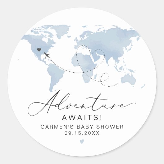 Sticker Rond CARMEN Blue Map Baby shower d'aventure (Devant)