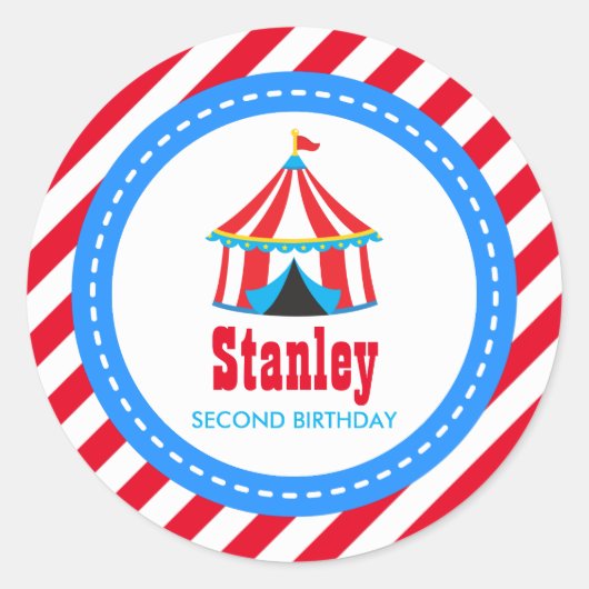 Sticker Rond Carnaval de cirque bleu rouge Baby shower d'annive (Devant)