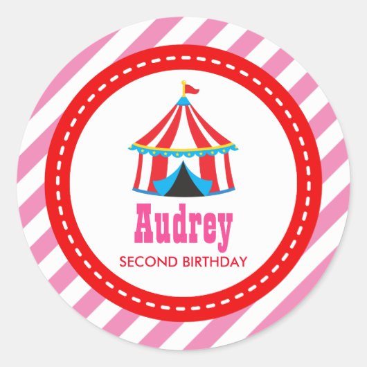 Sticker Rond Carnaval de cirque rose Baby shower d'anniversaire (Devant)
