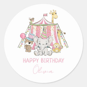 Sticker Rond Carnaval Rose Cirque Enfant Joyeux Anniversaire