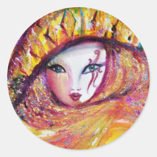 STICKER ROND CARNAVAL VÉNITIEN EN JAUNE D'OR