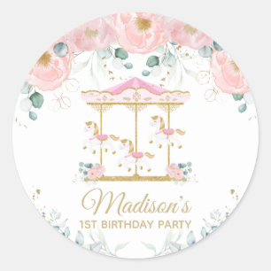 Sticker Rond Carousel rose Floral Merry Go Round Birthday Favor