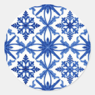 Sticker Rond Carreau d'azulejo bleu blanc à motif floral