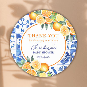 Sticker Rond Carreaux bleu Citrus Baby shower Merci