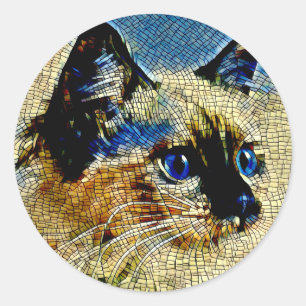 Sticker Rond Carreaux de mosaïque de chats siamois bleu