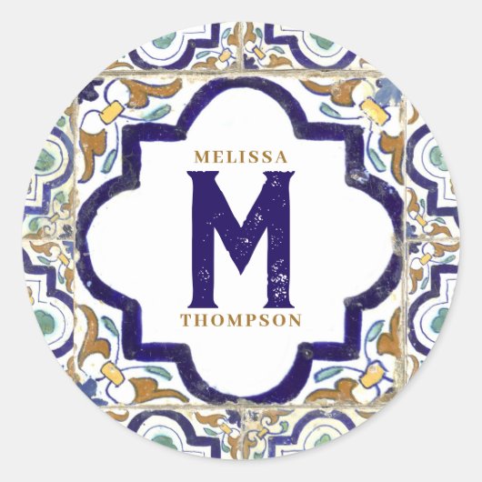 Sticker Rond Carreaux d'ornement vintages Monogramme (Devant)