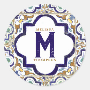 Sticker Rond Carreaux d'ornement vintages Monogramme