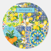 Sticker Rond Carreaux fleuris d'agrumes siciliens bleu chic (Devant)