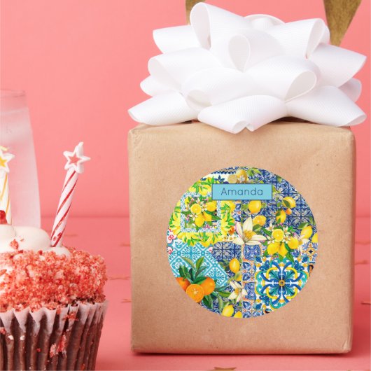 Sticker Rond Carreaux fleuris d'agrumes siciliens bleu chic (Fête)