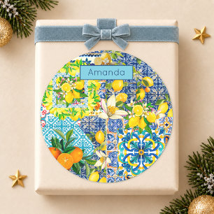 Sticker Rond Carreaux floraux de citrouille siciliens turquoise