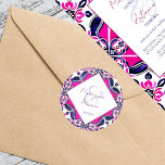 Sticker Rond Carreaux mexicains rose et bleu mariage<br><div class="desc">Carreaux de mariage Carreaux de modèle rose et bleu mexicain espagnol Talavera collants de mariée et noms de mariés autocollants</div>