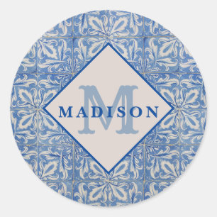 Sticker Rond Carreaux portugais Vintage bleu blanc Monogramme