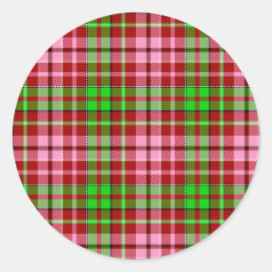 Sticker Rond Carreaux Rouge Tartan Rose et Vert