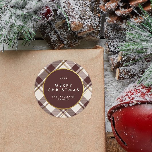 Sticker Rond Carreaux Tartan Beige et Rouge Foncé Joyeux Noël