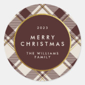Sticker Rond Carreaux Tartan Beige et Rouge Foncé Joyeux Noël (Devant)