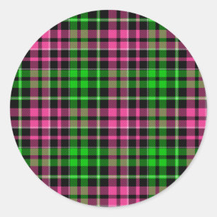 Sticker Rond Carreaux Tartan Rose Et Vert Noir