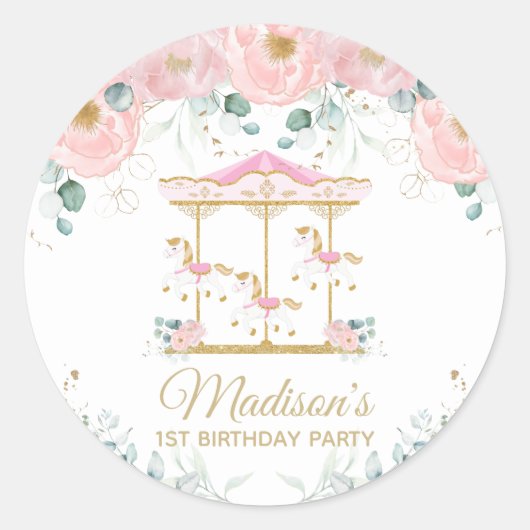 Sticker Rond Carrousel rose Floral Joyeux Partir rond Anniversa (Devant)