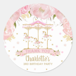 Sticker Rond Carrousel rose Floral Or Joyeux Partir à l'Anniver