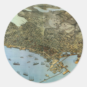 Sticker Rond Carte ancienne vue aérienne Ville de Seattle Washi