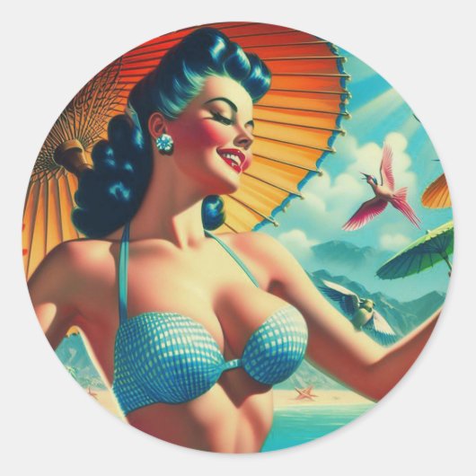 Sticker Rond Carte Bikini vintage (Devant)