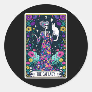 Sticker Rond Carte Cat Lady Tarot Halloween Skeleton Skul Oc