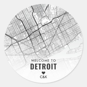 Sticker Rond Carte de Detroit, Michigan City   Bienvenue Mariag