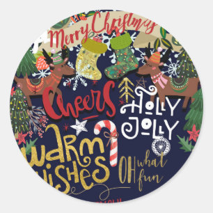 Sticker Rond Carte de fête de Noël fantaisiste