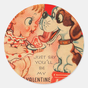 Sticker Rond Carte de la Saint-Valentin Vintage Retro Fille et