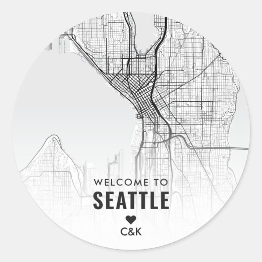 Sticker Rond Carte de la ville de Seattle | Bienvenue Mariage (Devant)