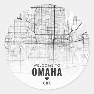Sticker Rond Carte de la ville d'Omaha, Nebraska   Bienvenue Ma