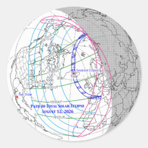 Sticker Rond Carte de l'éclipse solaire totale 2026
