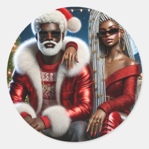 Sticker Rond Carte de Noël Luxueuse Glam Santa & Mme Claus