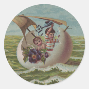 Sticker Rond Carte de Pâques antique Œuf de Voile Enfants