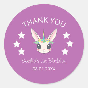 Sticker Rond Carte de remerciement Licorne Rose pour anniversai