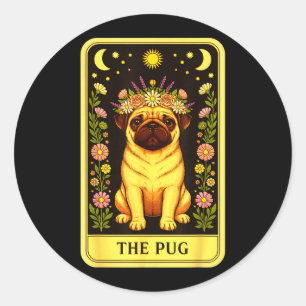 Sticker Rond Carte de Tarot Pug Couronne Fleurie Soleil Lune Ét