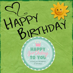 Sticker Rond Carte de vœux d'anniversaire colorée verte et rose