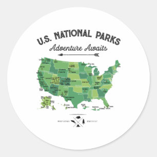 Sticker Rond Carte des 62 parcs nationaux américains vintage po