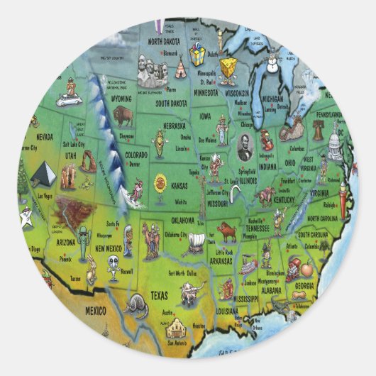 Sticker Rond Carte des caricatures des USA (Devant)