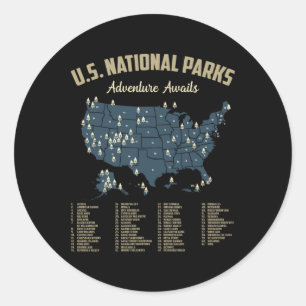 Sticker Rond Carte des parcs nationaux de randonnée de camping