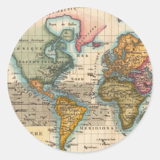 Sticker Rond Carte du monde 1700s Antique Continents (Devant)