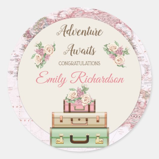 Sticker Rond Carte du monde de voyage d'aventure Fleur rose (Devant)